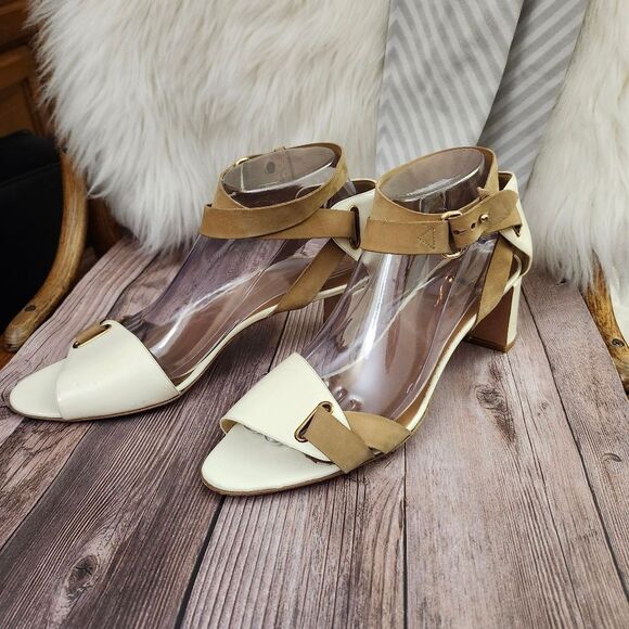 Pierre Hardy Cream/Tan Vtg Leather Ankle Wrap Block Heel Shoes Sz 40/9 - Picture 8 of 16